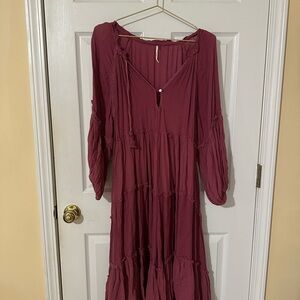 Red Maxi Sundress with Long Bishop Sleeves and V-Neck